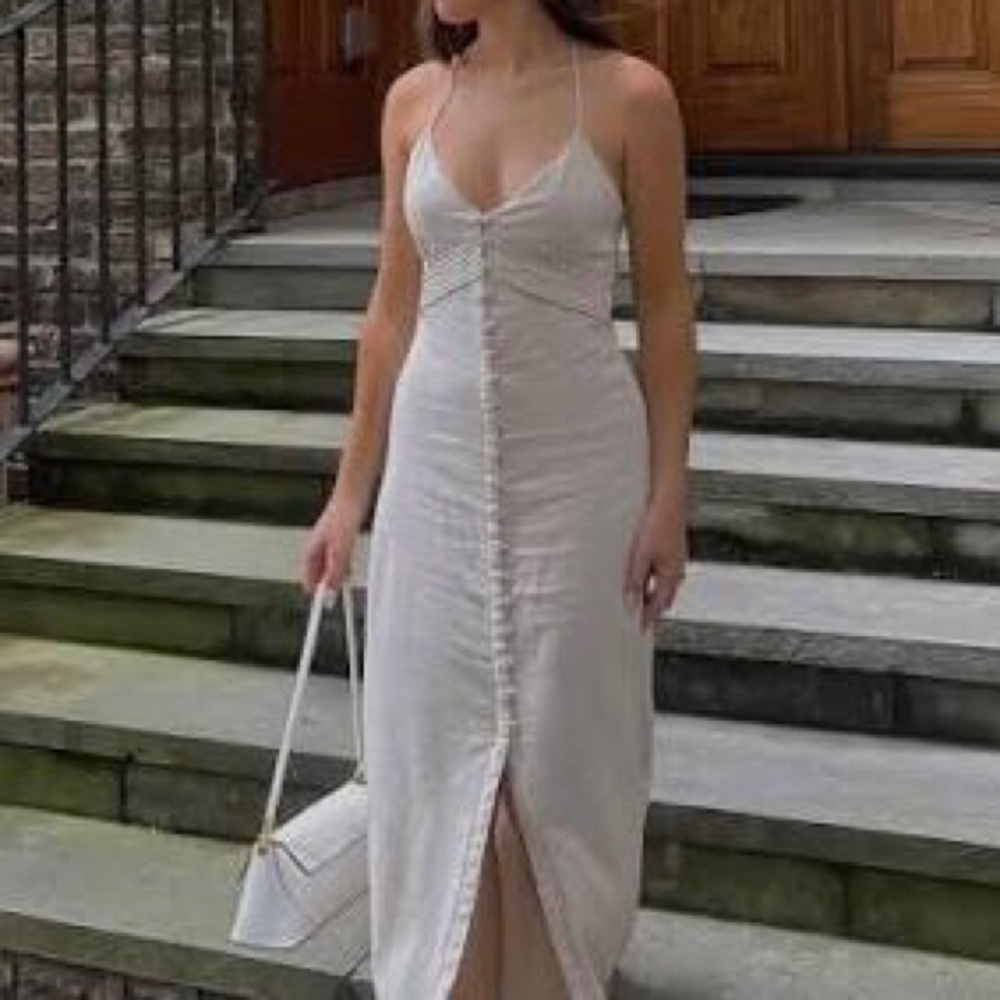 Zara Linen Blend Pintuck Button Front Maxi Dress Size L Raw Linen Oatmeal - Picture 15 of 15